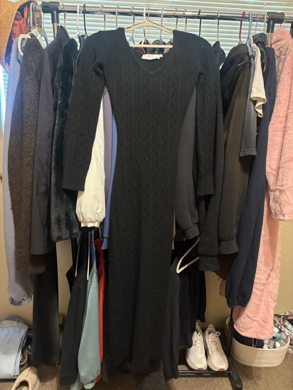 Black Knit Long-Sleeve V-Neck Dress